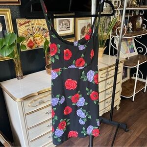Vintage Floral Black Dress with Red and Purple Flowers